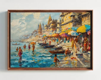 May include: An oil painting depicting a vibrant riverside scene with people bathing in blue water, wooden boats, and colorful umbrellas along a stone embankment. Ornate golden buildings rise in the background under a bright, cloudy sky.