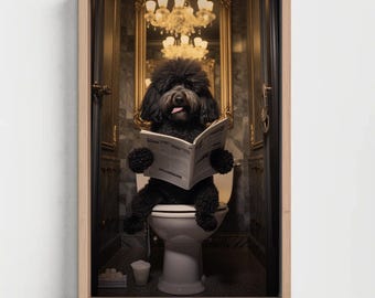 Funny Doodle Dog Bathroom Canvas Print – Toilet Humor Art