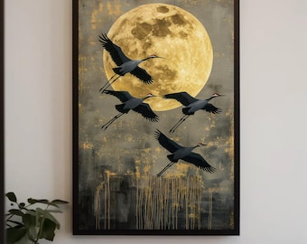 Crane Canvas Print, Golden Moon Sky, Japandi Wall Art
