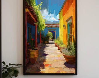 Könnte beinhalten: Ein gerahmter Wandkunstdruck, der einen sonnendurchfluteten Innenhof mit leuchtend gelben und blauen Wänden, Terrakottatöpfen mit grünen Pflanzen und einen gepflasterten Weg zu einem Torbogen unter einem strahlend blauen Himmel zeigt.
