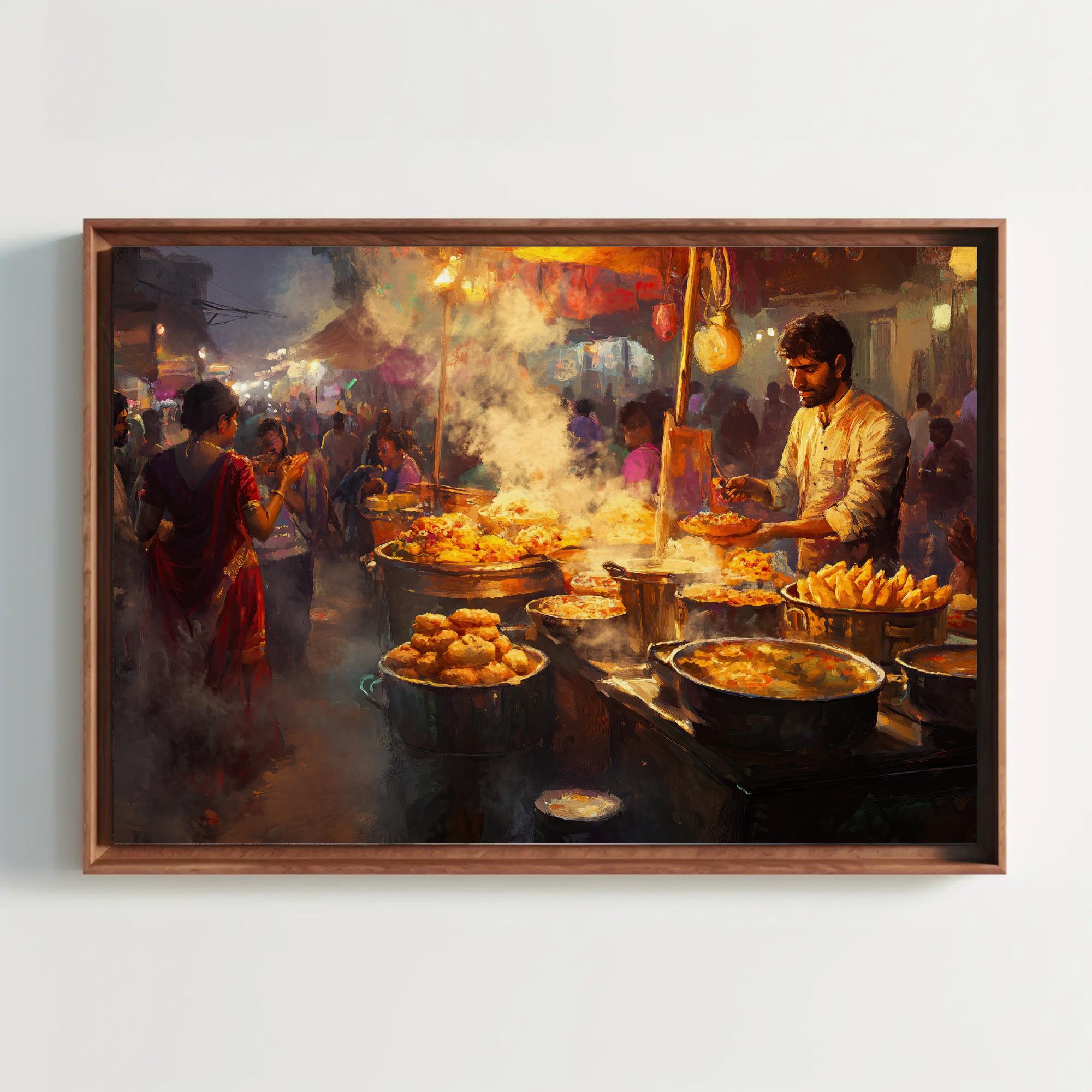 Indian Street Food Market Scene Canvas Print | Vibrant Chaat Wall Art | Cultural Indian Painting for Kitchen or Dining Room | Ready to Hang