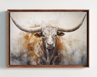 Longhorn Cow Abstract Painting, Texas Longhorn Wall Art, Framed CanvasPrint, Ready To Hang