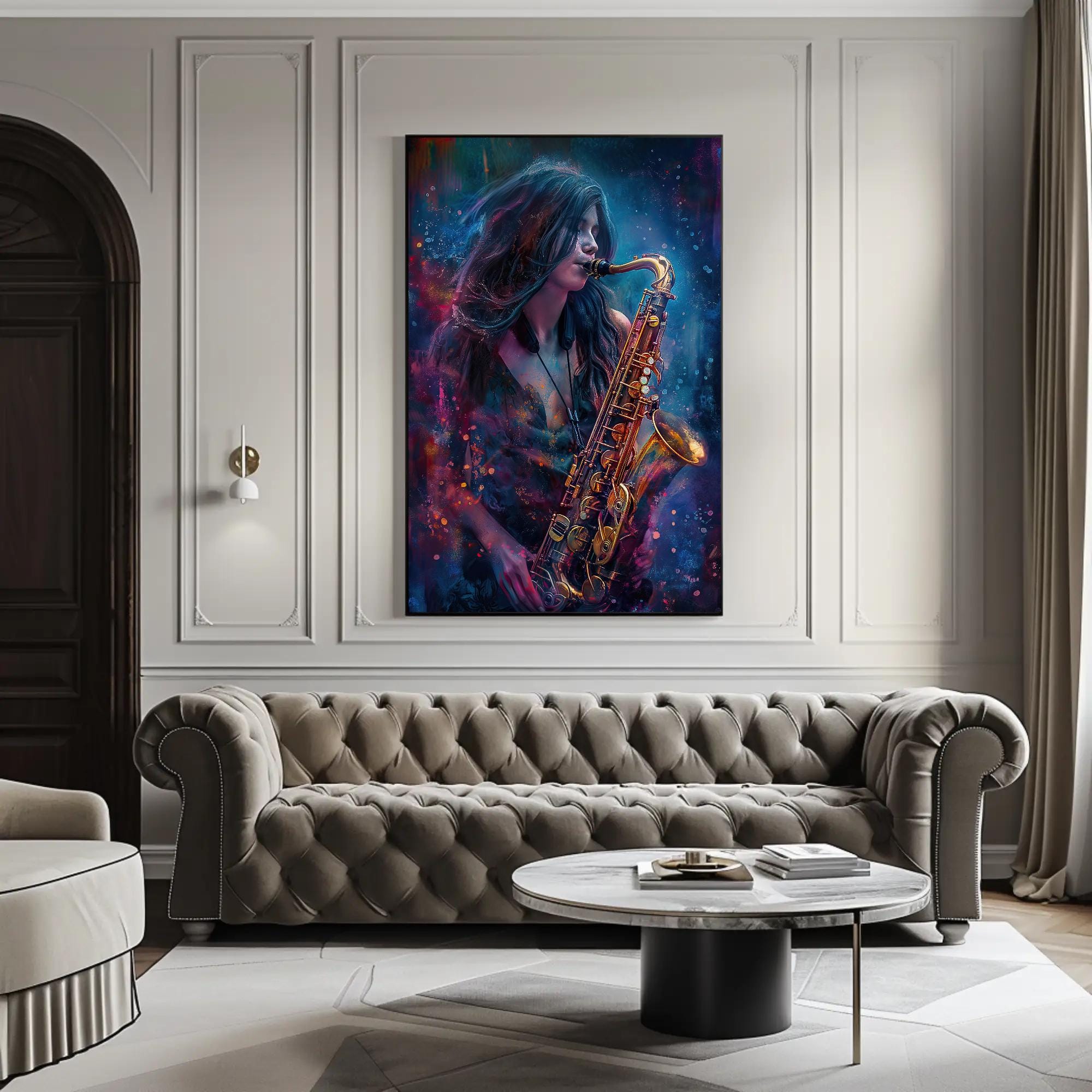 Saxophone Girl Canvas Painting, Framed Print, Musical Art