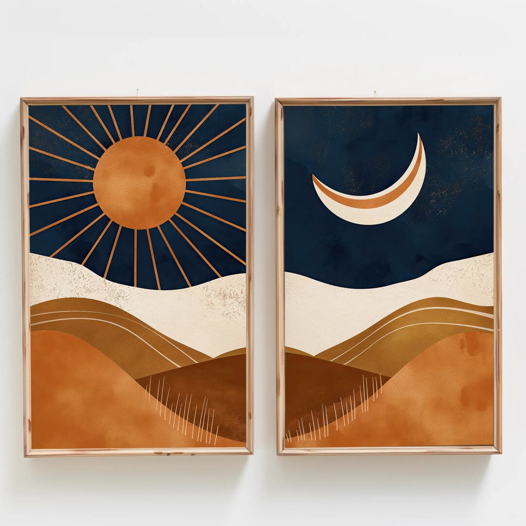 Boho Chic Sun and Moon Canvas Art Set of 2 - Abstract Mid-century ...