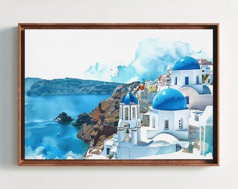 May include: A framed watercolor painting depicting a coastal landscape with white buildings featuring bright blue domes. The scene includes a deep blue sea, rocky cliffs, and a clear sky, all enclosed within a simple brown wooden frame.