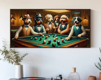 Dogs Playing Pool Room Wall Art, Game Room Decor, Man Cave Wall Art, Funny Bar Large Canvas Painting, Dog Lovers Framed Print, Signed Print