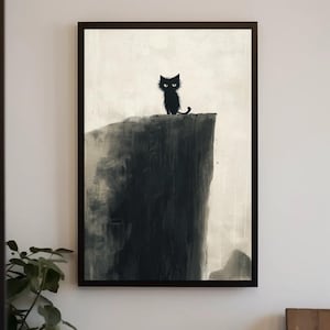 Majestic Black Cat Canvas Print, Cliffside Feline Artwork, Elegant Cat Wall Art, Framed Cat Painting, Ready to Hang Home Decor