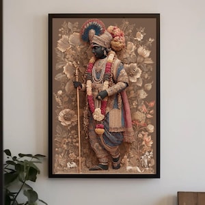 Lord Krishna Shrinathji Canvas Print - Indian Deity Wall Art, Pichwai Style Hindu God Painting, Spiritual Folk Decor, Ornate Ethnic Artwork