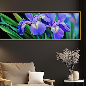 Purple Iris Botanical Print, Long Horizontal Extra Large Canvas Art, Realistic Flower Painting for Living Room Wall or Bedroom Decor