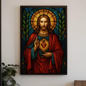 Sacred Heart of Jesus stained glass style wall art print Christian religious artwork Catholic home decor spiritual gift inspirational poster
