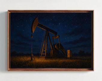 Oil Pump Jack Canvas Print – Rustic Texas Oilfield Night Scene