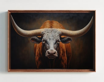 Texas Longhorn Cow Canvas Print, Rustic Southwestern Wall Art