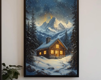 Winter Cabin Canvas Print – Snowy Mountain Lodge Wall Art