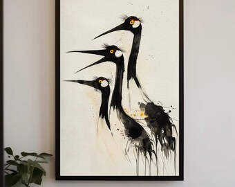 Three Cranes Watercolor Canvas Print - Elegant Minimalist Bird Wall Art