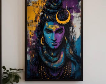 Lord Shiva Modern Portrait, Hindu God Canvas Art, Ready to Hang