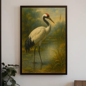 Japanese red crowned crane painting standing in calm water nature bird art serene wildlife print Asian minimal wall decor