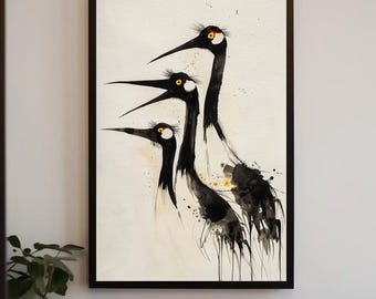 Three Cranes Watercolor Canvas Print - Elegant Minimalist Bird Wall Art