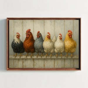 May include: A framed wall art print featuring six chickens standing in a row against a light-colored vertical wooden plank background. The chickens are depicted in various colors including black and white, brown, grey, white, and golden yellow.