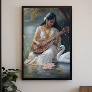 Goddess Saraswati Fine Art Print, Hindu Goddess of Music, Indian Spiritual Canvas, Saraswati with Swan