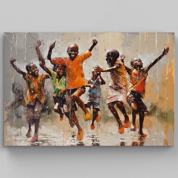 African Kids Playing Canvas Art - Black Art - African Children in rain - African Art - African Home Decor - African Wall Art - African Gift