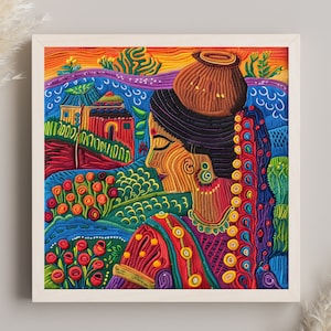 Indian Village Woman Embroidery Style Canvas Print Indian Painting Modern Indian Wall Decor Indian Village Scene Yarn Art Ready to Hang