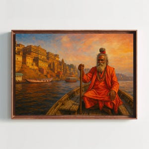 Spiritual Journey on the Ganges Varanasi India Canvas Print, Mystical River Scene Painting, Cultural Heritage Wall Art for Meditation Space