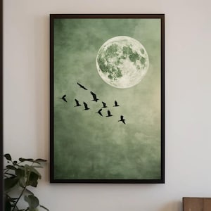 Birds Flying in Green Sky Canvas Print, Extra Large Full Moon Wall Art, Minimalist Nature Decor with Green Tones for Bedroom, Living Room