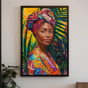 Vibrant Caribbean Woman Canvas Print - Extra Large Colorful Portrait Painting - Afro-Caribbean Wall Art for Cultural Home or Studio Decor