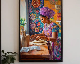 African Kitchen Lady Canvas Art | Colorful Rustic Cooking Wall Decor