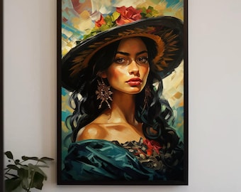 Mexican Woman Canvas Print, Floral Hat Portrait, Hispanic Wall Art