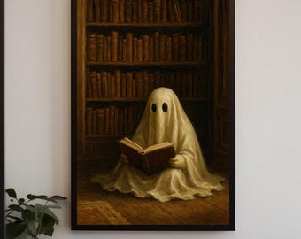 Halloween Ghost Canvas Print, Spooky Library Art, Gothic Fall Decor