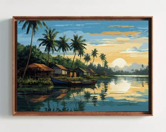 Kerala Landscape Canvas Print, South Indian Art, Desi Decor