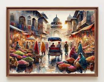 Indian Bazaar Framed Canvas Print, Spices Market Wall Art