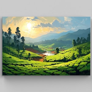 Kerala Tea Plantation Hills Canvas Print, Kerala Home Decor, South Indian Painting, Hills of Kerala Oil Painting, Kerala Art