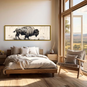 Bison Panoramic Canvas Print | Framed Wall Art | Bison Painting | American Buffalo Art | Wildlife Wall Art | Rustic Decor | Ready To Hang