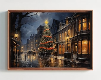 Winter Night Christmas Tree Street Painting, Holiday Wall Decor