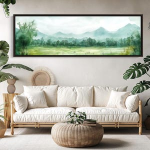 Green Landscape Watercolor Painting, Long Horizontal Extra Large Canvas Art, Panoramic Nature Wall Decor for Above the Sofa Living Room