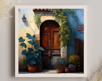 May include: A framed wall art print depicting an arched wooden door set into a blue and cream wall. A large potted plant with broad leaves sits to the left, while climbing vines and smaller pots with red and green foliage surround the doorway.