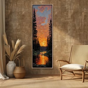 Orange Sunset Forest Canvas – Vertical River Wall Art, Dramatic Nature Home Decor
