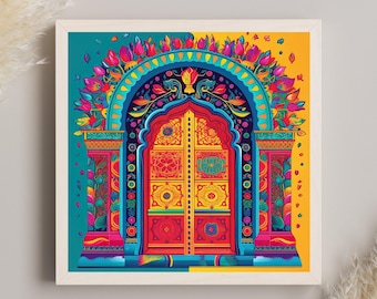 Rajasthani Door Art Print, Colorful Indian Home Decor
