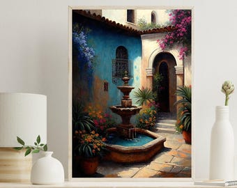 May include: A framed wall art print depicting a courtyard scene with a central stone fountain, a vibrant blue wall, an arched doorway, and lush potted plants with pink and orange flowers. The scene features a tiled patio floor and a window.