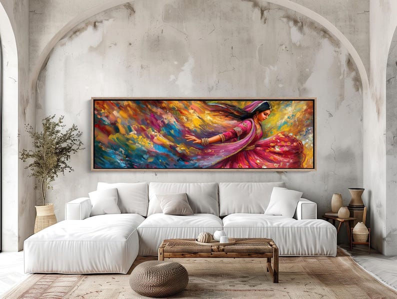 a living room with a large painting on the wall