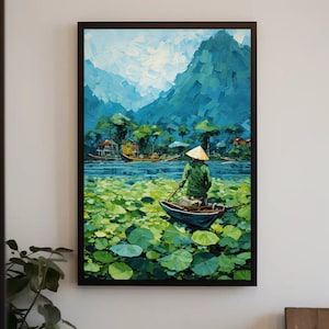 Vietnam River Mountain Landscape Vertical Art, Vietnamese Home Decor, Vietnam Wall Art, Vietnam Travel Print, Vietnam Boat Floating Print