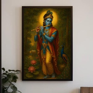 Lord Krishna painting canvas print Hindu god playing flute spiritual blue deity with peacock divine decor Radha Krishna art wall