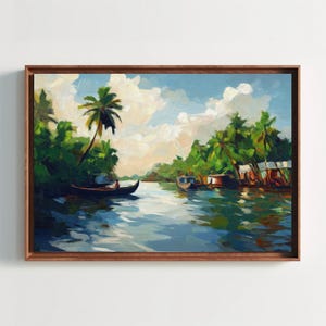 Kerala Backwaters Painting | Kerala Oil Painting | South Indian Painting Canvas Print | Framed Indian Decor for Living Room, Bedroom, Office