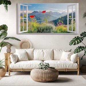 Mountain & Flowers Canvas Print – 3D Faux Window View Wall Art