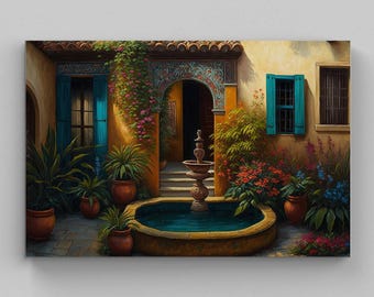 Könnte beinhalten: Ein rechteckiger Wandkunstdruck, der einen mediterranen Innenhof mit einem zentralen Steinbrunnen, Terrakottatöpfen mit grünen Pflanzen, leuchtend rosa und roten Blumen, hellblauen Fensterläden und einer warmen gelben Stuckwand zeigt.