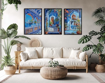 May include: A set of three rectangular wall art prints featuring vibrant blue architectural scenes with intricate arches, ornate tile work, and lush greenery, each enclosed in a thin black frame and displayed in a horizontal row.