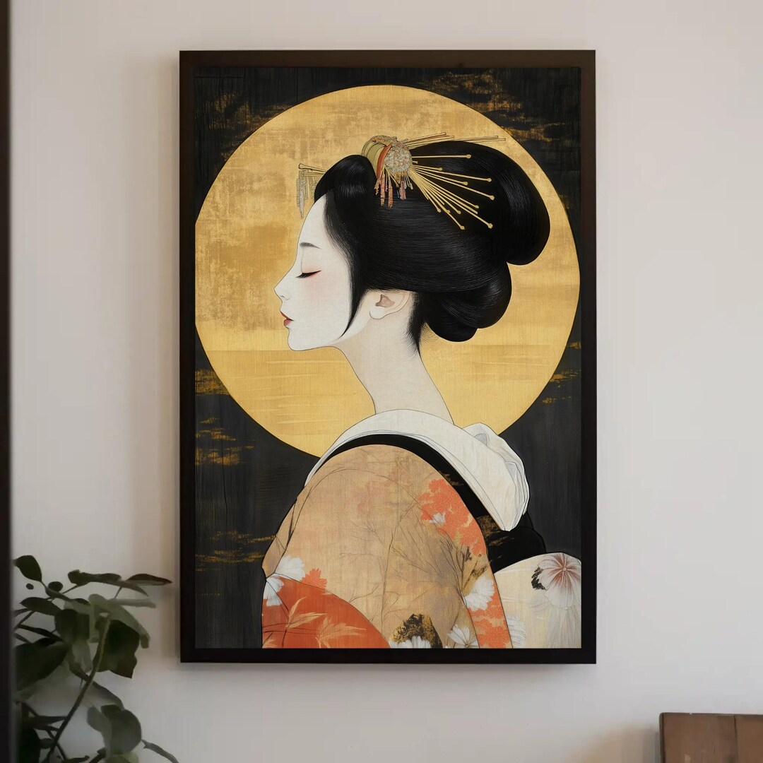Geisha Wall Art Japanese Print | Black Gold Kimono Canvas | Japandi ...