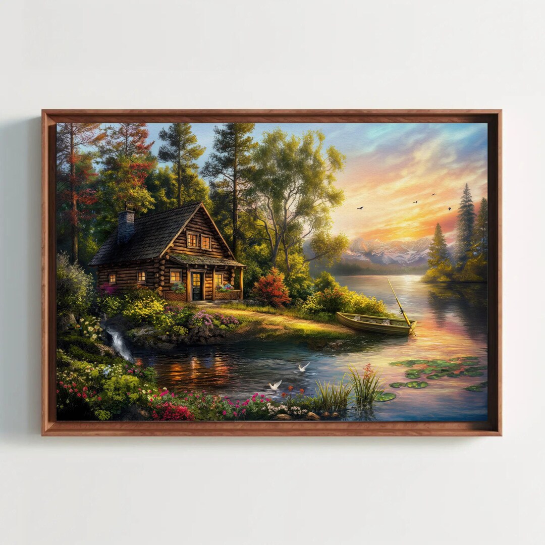 Riverside Cabin Canvas Print, Scenic Landscape Framed Wall Art - Etsy
